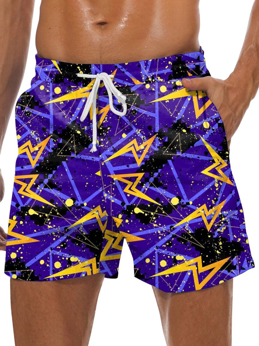 Men GYJ Bottoms | Bright Lightning Print Casual Shorts Purple