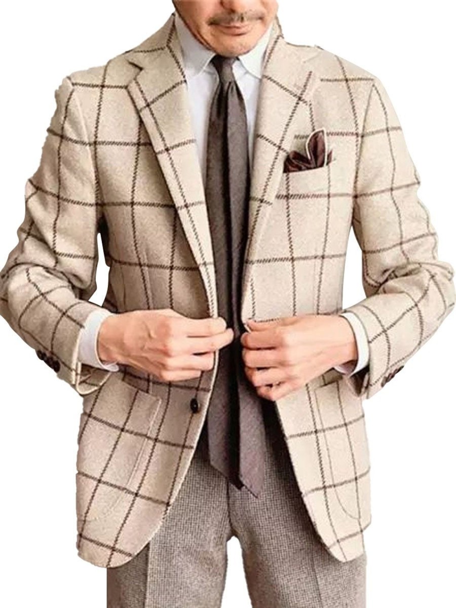 Men DJ Jacket | Lapel 3-Pocket Single-Breasted Vintage Plaid Woolen Blazer Khaki