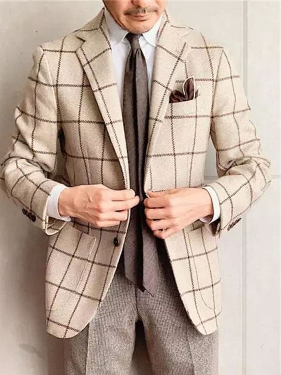 Men DJ Jacket | Lapel 3-Pocket Single-Breasted Vintage Plaid Woolen Blazer Khaki