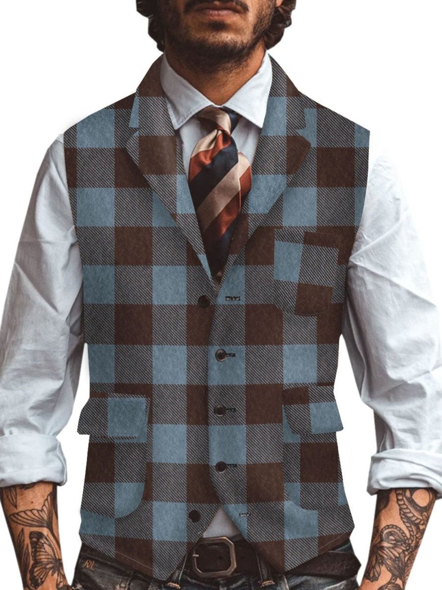 Men BXL Vest | Men'S Retro Multi-Pocket Wool Plaid Printed Casual Vest Blue