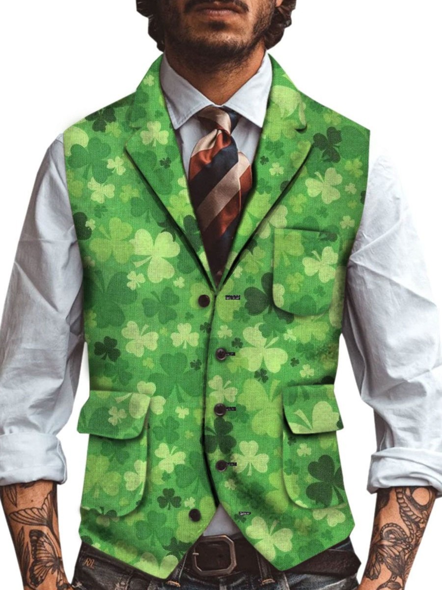 Men DJ Vest | St. Patrick'S Day Clover Print Casual Three-Pocket Lapel Vest Green