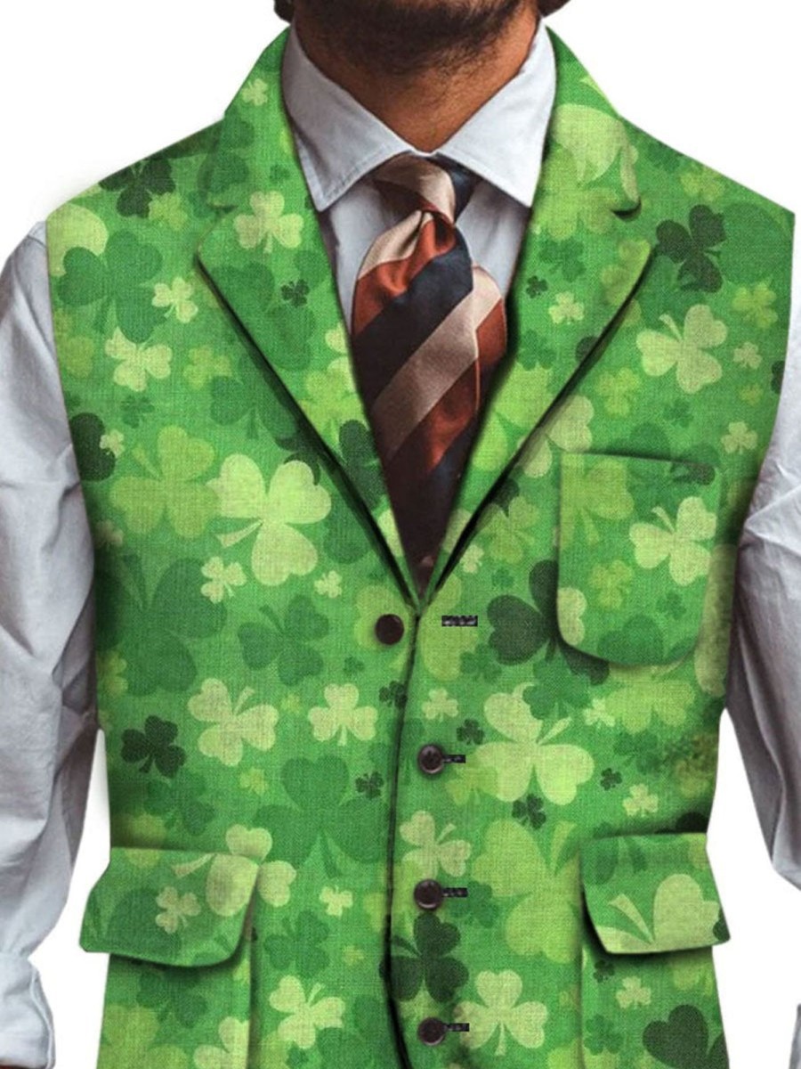 Men DJ Vest | St. Patrick'S Day Clover Print Casual Three-Pocket Lapel Vest Green