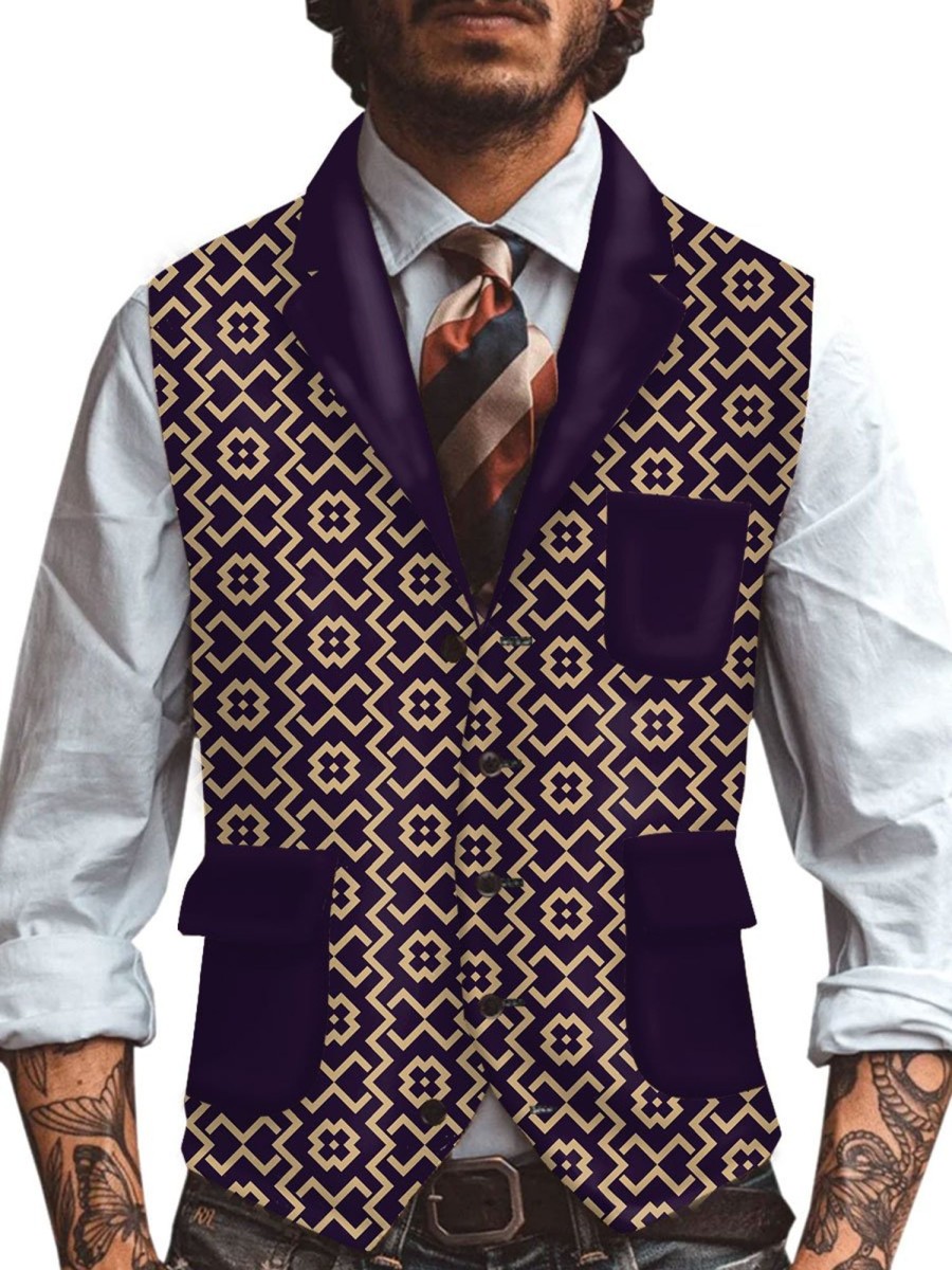 Men BXL Vest | Men'S Retro Geometric Print Multi-Pocket Casual Vest Purple