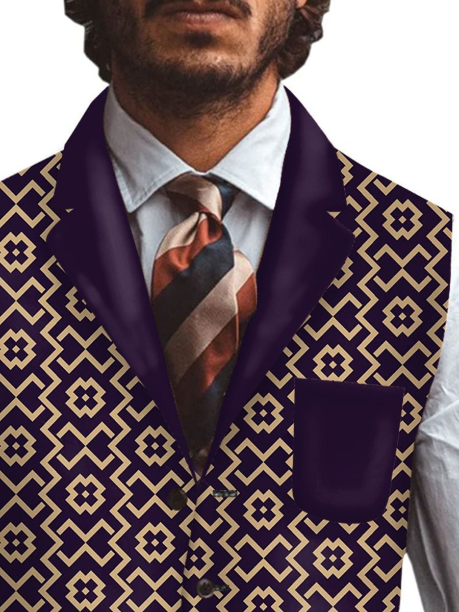 Men BXL Vest | Men'S Retro Geometric Print Multi-Pocket Casual Vest Purple