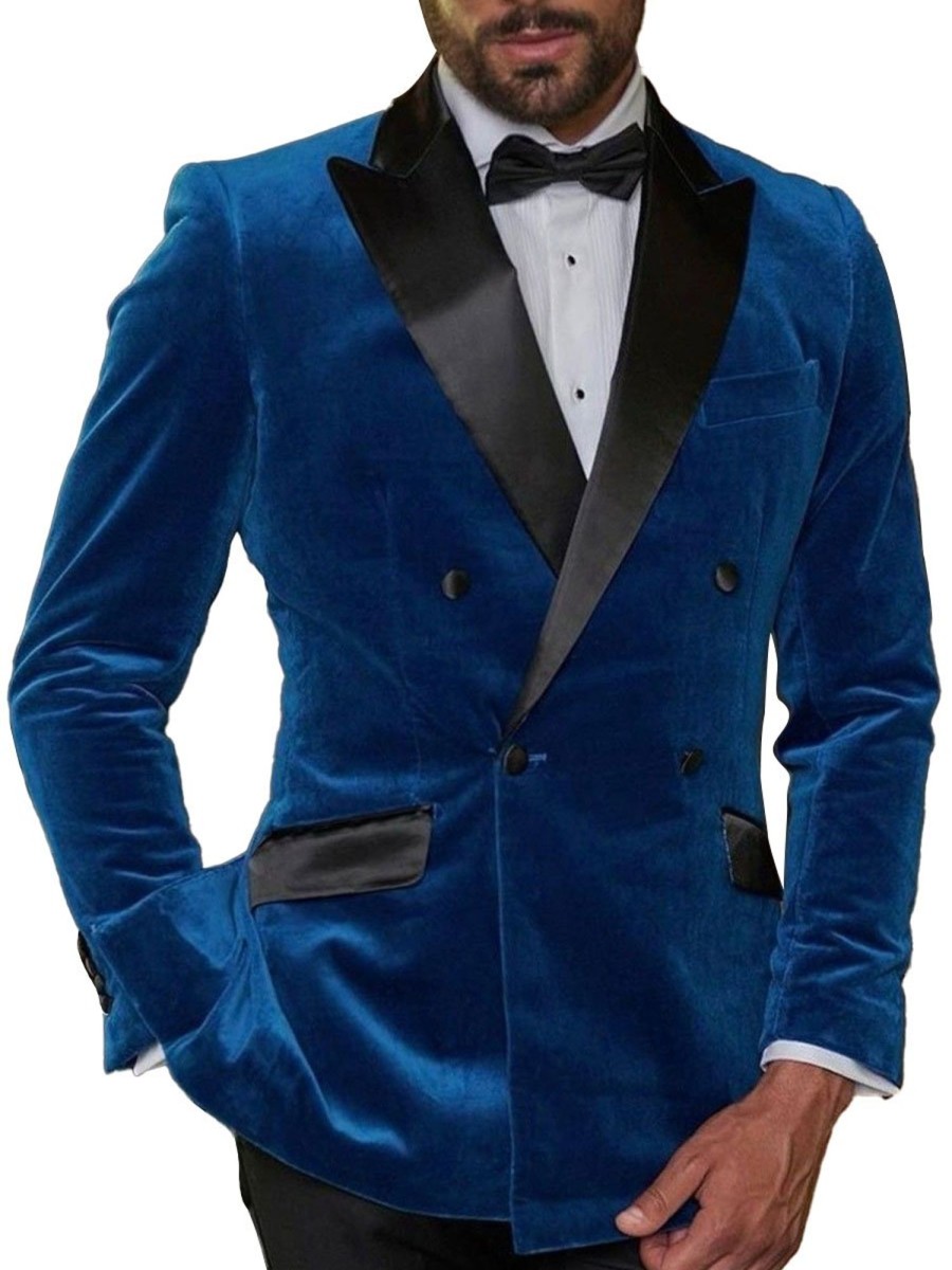 Men BXL Jacket | Men'S Contrast Velvet Double-Breasted Pocket Casual Blazer Royal Blue