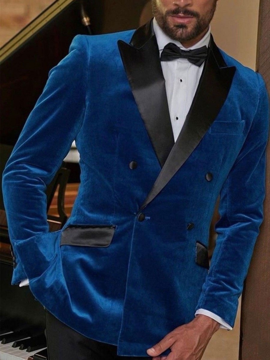 Men BXL Jacket | Men'S Contrast Velvet Double-Breasted Pocket Casual Blazer Royal Blue