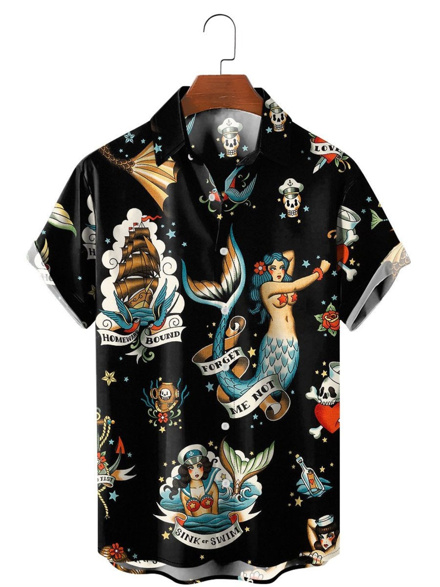 Men HLJ Shirts | Vintage Mermaid Poster Print Hawaiian Shirt Black