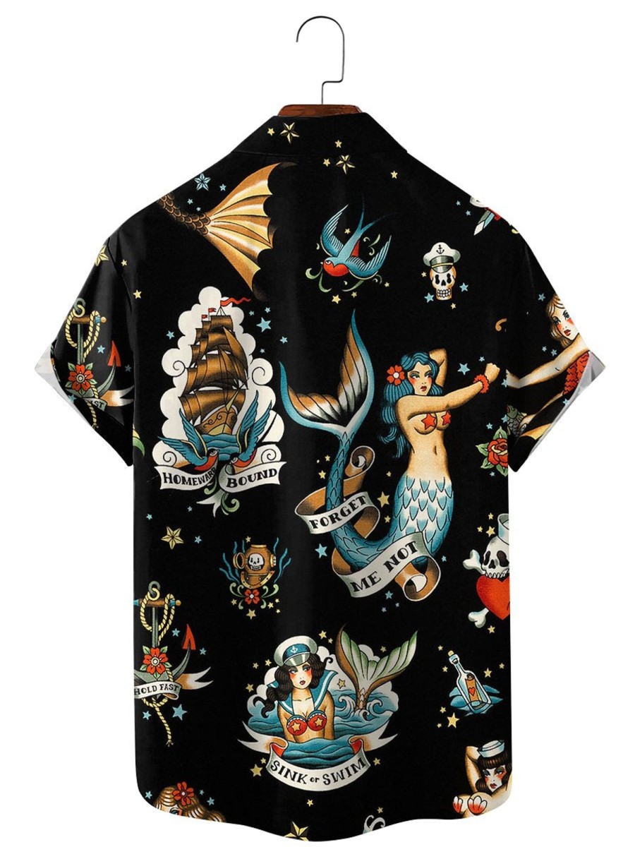 Men HLJ Shirts | Vintage Mermaid Poster Print Hawaiian Shirt Black