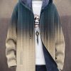 Men DJ Jacket | Vintage Gradient Line Print Pocket Fleece Hooded Jacket Photo Color