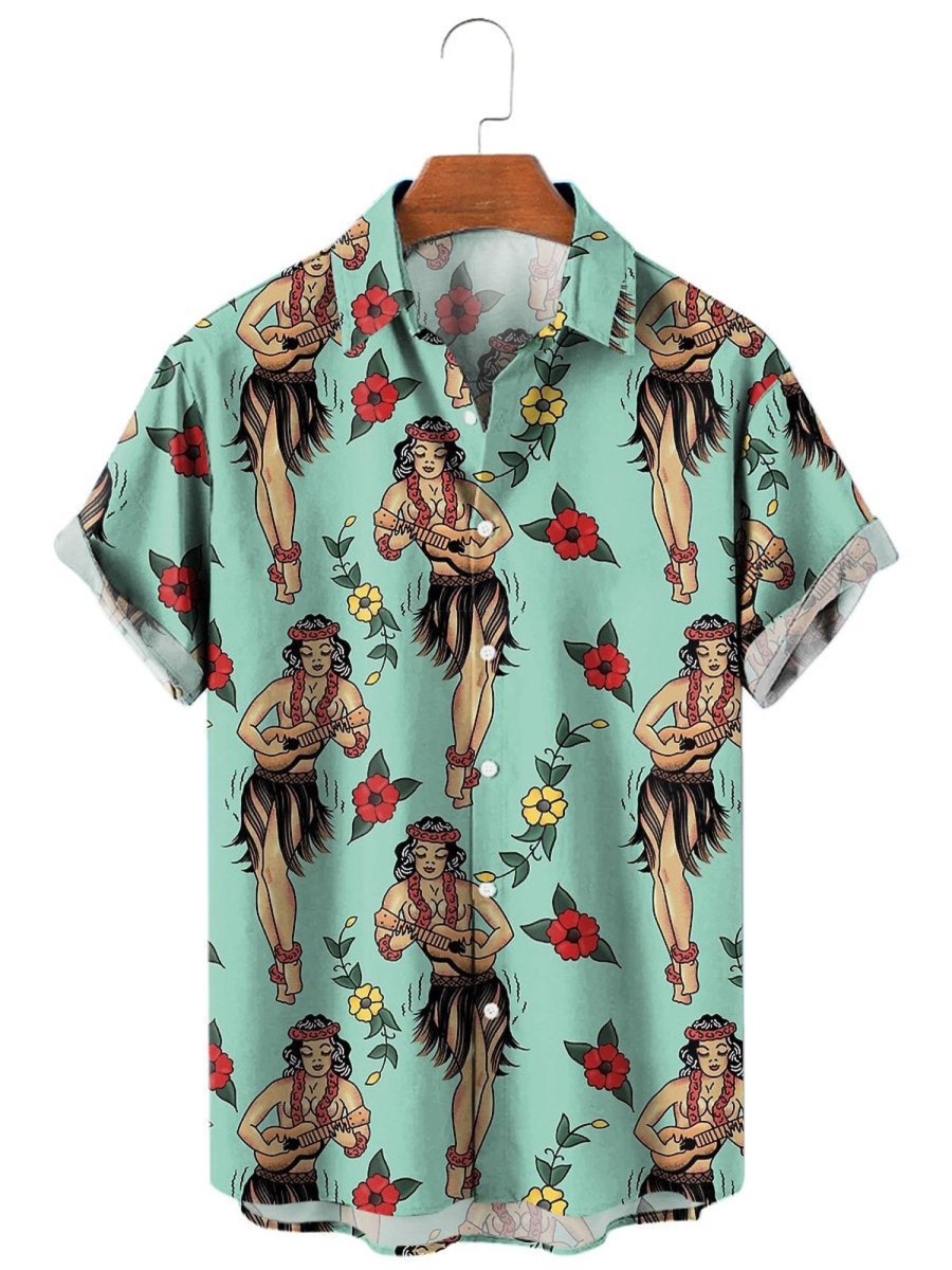 Men HLJ Shirts | Jerry'S Traditional Aloha Hula Girls Hawaiian Pattern Short Sleeve Shirt Light Green