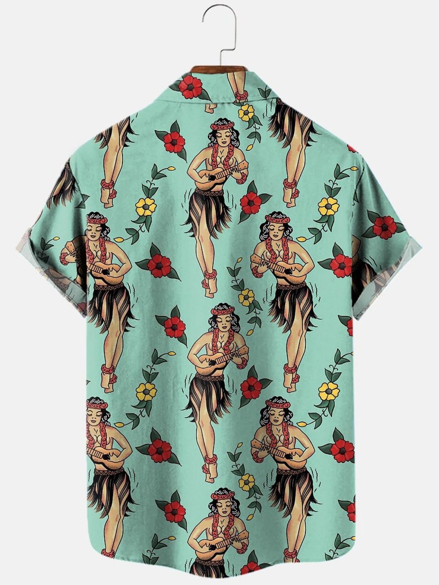 Men HLJ Shirts | Jerry'S Traditional Aloha Hula Girls Hawaiian Pattern Short Sleeve Shirt Light Green