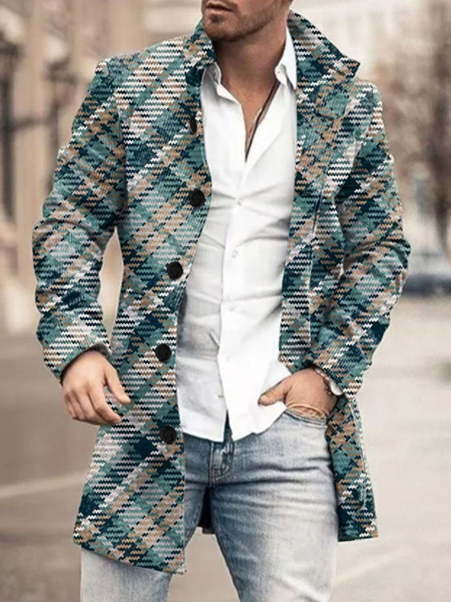 Men DJ Print Jacket | Stand-Collar Single-Breasted Plaid Print Double-Pocket Casual Woolen Coat Blue