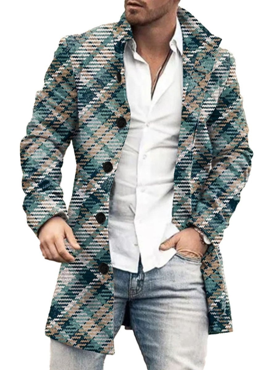 Men DJ Print Jacket | Stand-Collar Single-Breasted Plaid Print Double-Pocket Casual Woolen Coat Blue