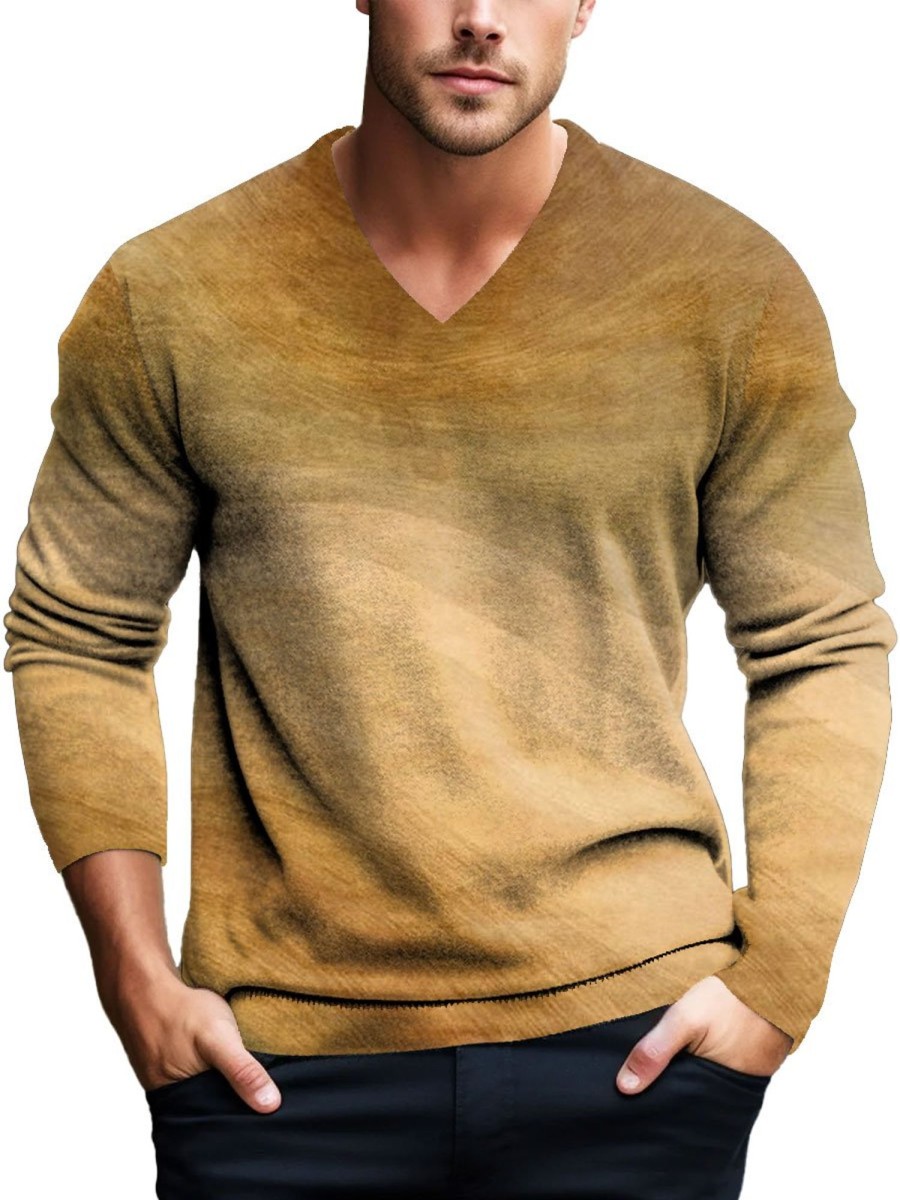 Men BXL Print Sweater | Men'S Casual Retro Gradient Knitted Pullover V-Neck Sweater Orange