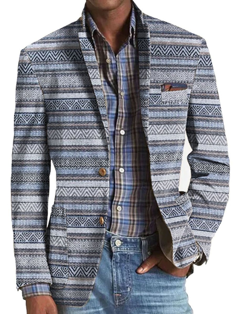 Men BXL Print Jacket | Men'S Retro Stripe Print Pocket Casual Blazer Gray