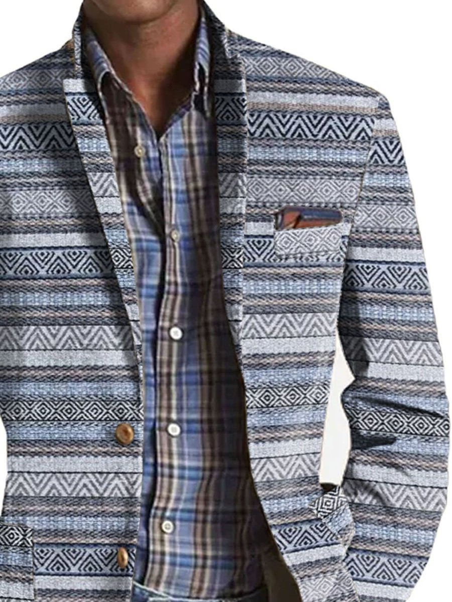 Men BXL Print Jacket | Men'S Retro Stripe Print Pocket Casual Blazer Gray