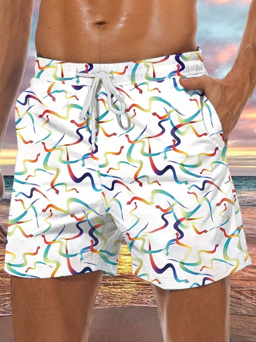 Men DJ Bottoms | Cute Colorful Zigzag Snake Printing Two-Pocket Shorts White