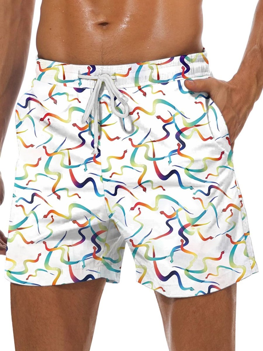 Men DJ Bottoms | Cute Colorful Zigzag Snake Printing Two-Pocket Shorts White