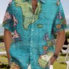 Men HLJ Shirts | Vintage World Map Mural Print Vacation Casual Short Sleeve Shirt Blue