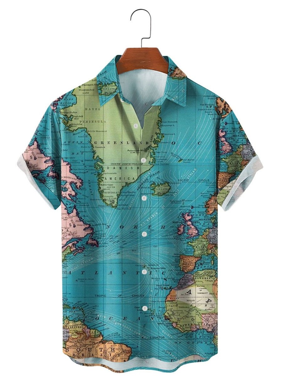 Men HLJ Shirts | Vintage World Map Mural Print Vacation Casual Short Sleeve Shirt Blue