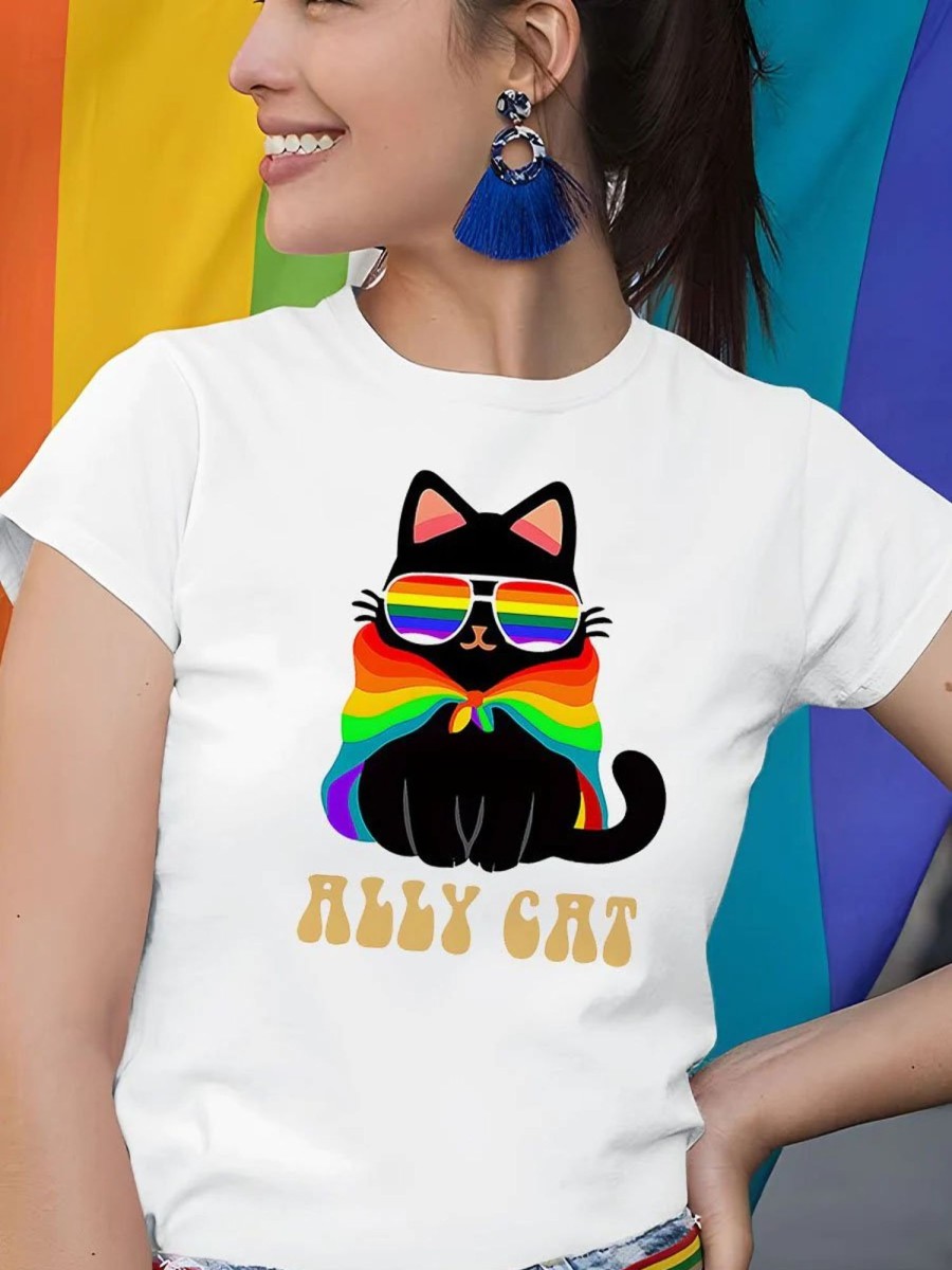 Women DJ | Lgbtq Rainbow Pride Flag Ally Cat Parade Print T-Shirt