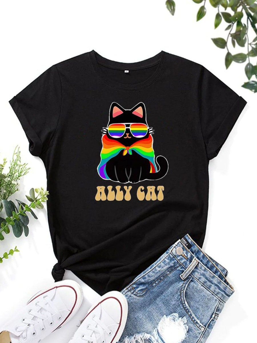 Women DJ | Lgbtq Rainbow Pride Flag Ally Cat Parade Print T-Shirt