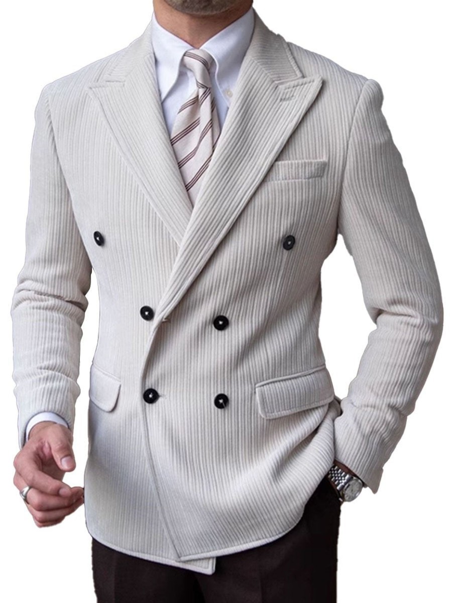 Men DJ Jacket | Lapel 3-Pocket Double-Breasted Corduroy Blazer White