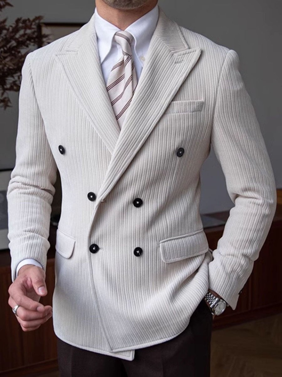 Men DJ Jacket | Lapel 3-Pocket Double-Breasted Corduroy Blazer White