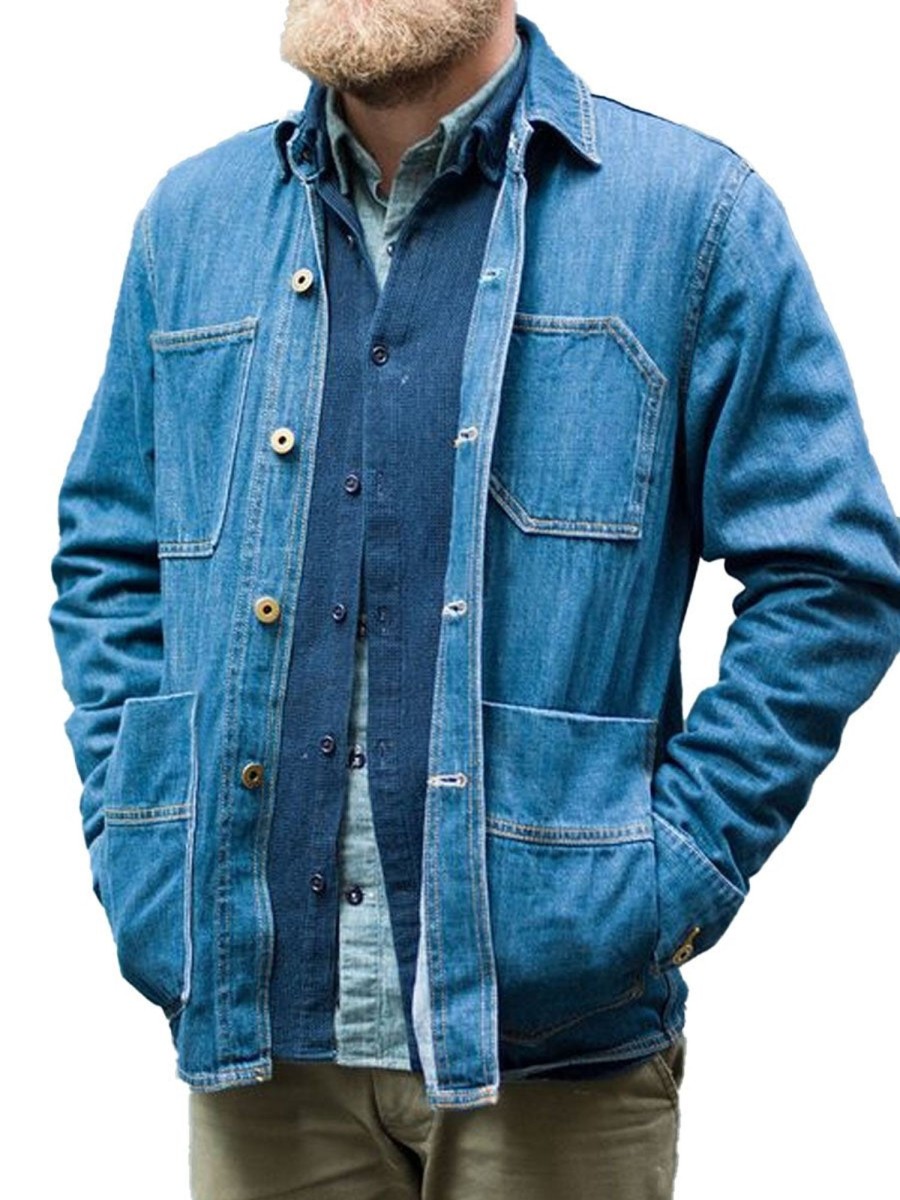 Men DJ Jacket | Lapel Multi-Pocket Single-Breasted Casual Denim Jacket Blue