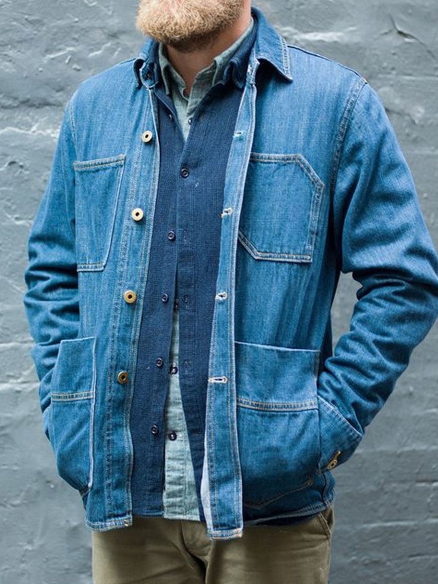 Men DJ Jacket | Lapel Multi-Pocket Single-Breasted Casual Denim Jacket Blue