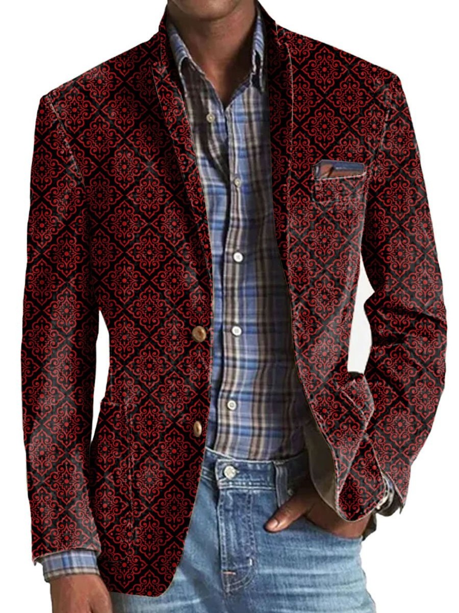 Men BXL Print Jacket | Men'S Retro Ethnic Print Pocket Casual Blazer Red