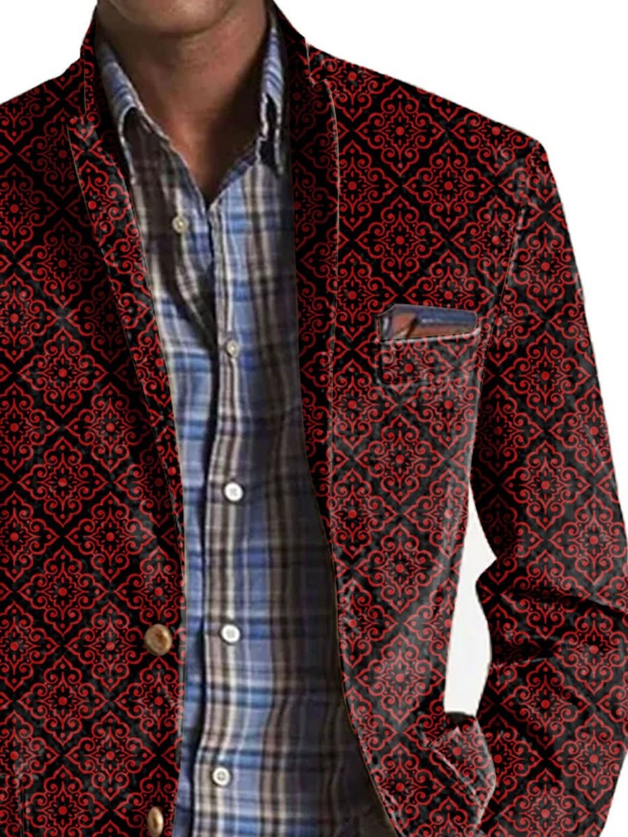 Men BXL Print Jacket | Men'S Retro Ethnic Print Pocket Casual Blazer Red