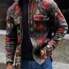 Men DJ Print Jacket | Vintage Botanical Floral Print Corduroy Lapel Pocket Jacket Photo Color