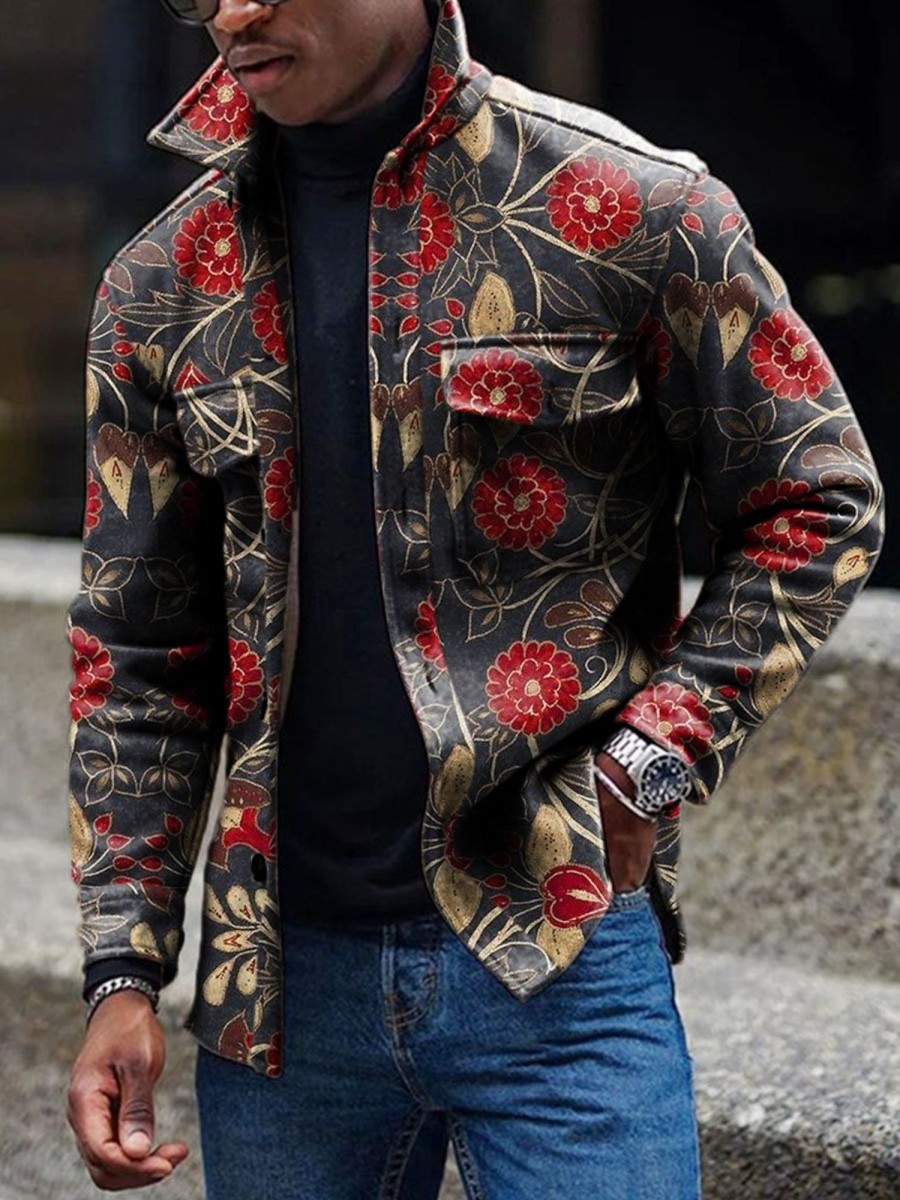 Men DJ Print Jacket | Vintage Botanical Floral Print Corduroy Lapel Pocket Jacket Photo Color