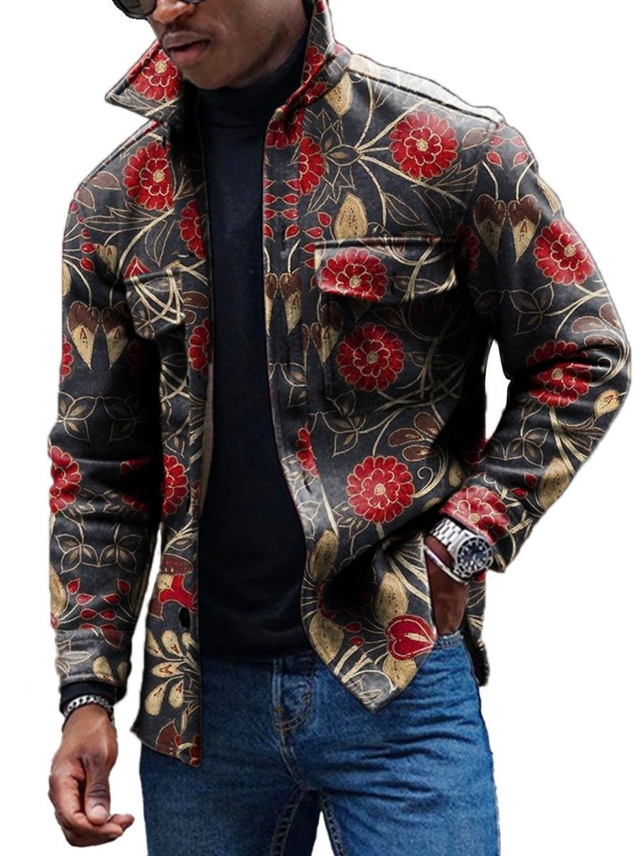 Men DJ Print Jacket | Vintage Botanical Floral Print Corduroy Lapel Pocket Jacket Photo Color