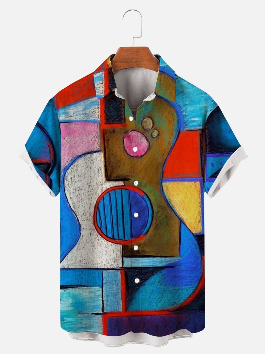 Men findercube Shirts | Men'S Abstract Oil Painting Guitar Print Short Sleeve Shirt Photo Color