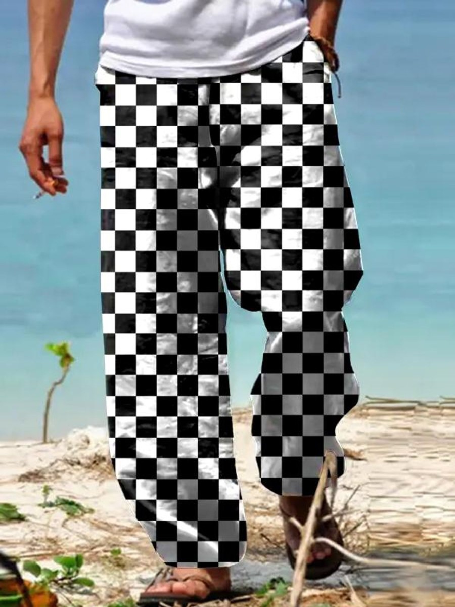 Men GYJ Bottoms | Men'S Black And Classic Check Drawstring Pocket Trousers White