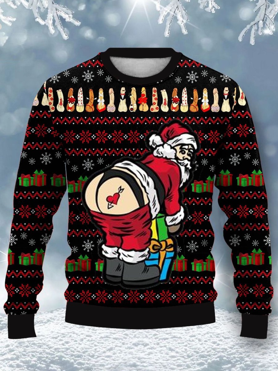 Men DJ Ugly Sweater | Fun Santa Cocks Print Casual Crew Neck Sweatshirt Photo Color