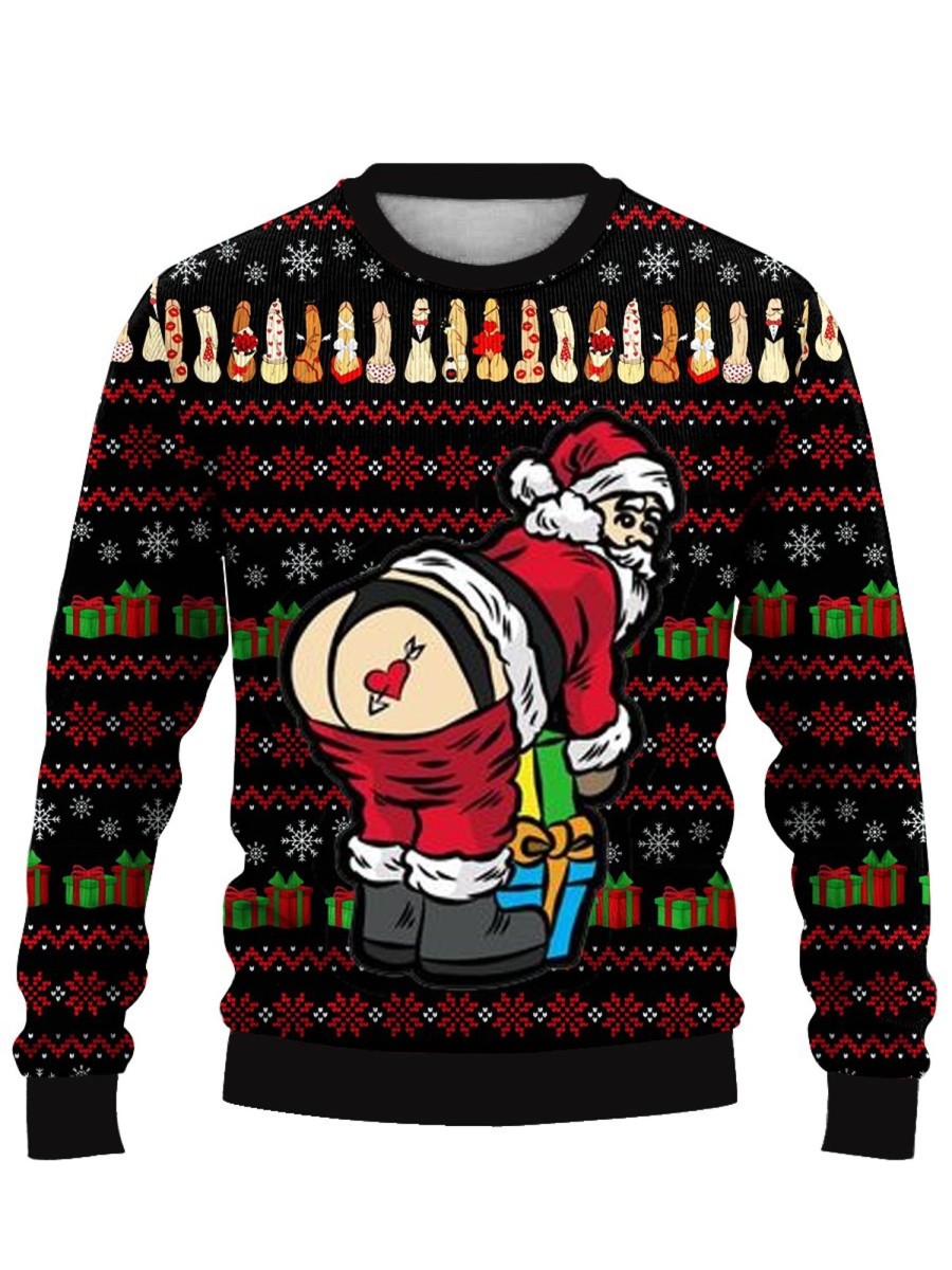 Men DJ Ugly Sweater | Fun Santa Cocks Print Casual Crew Neck Sweatshirt Photo Color