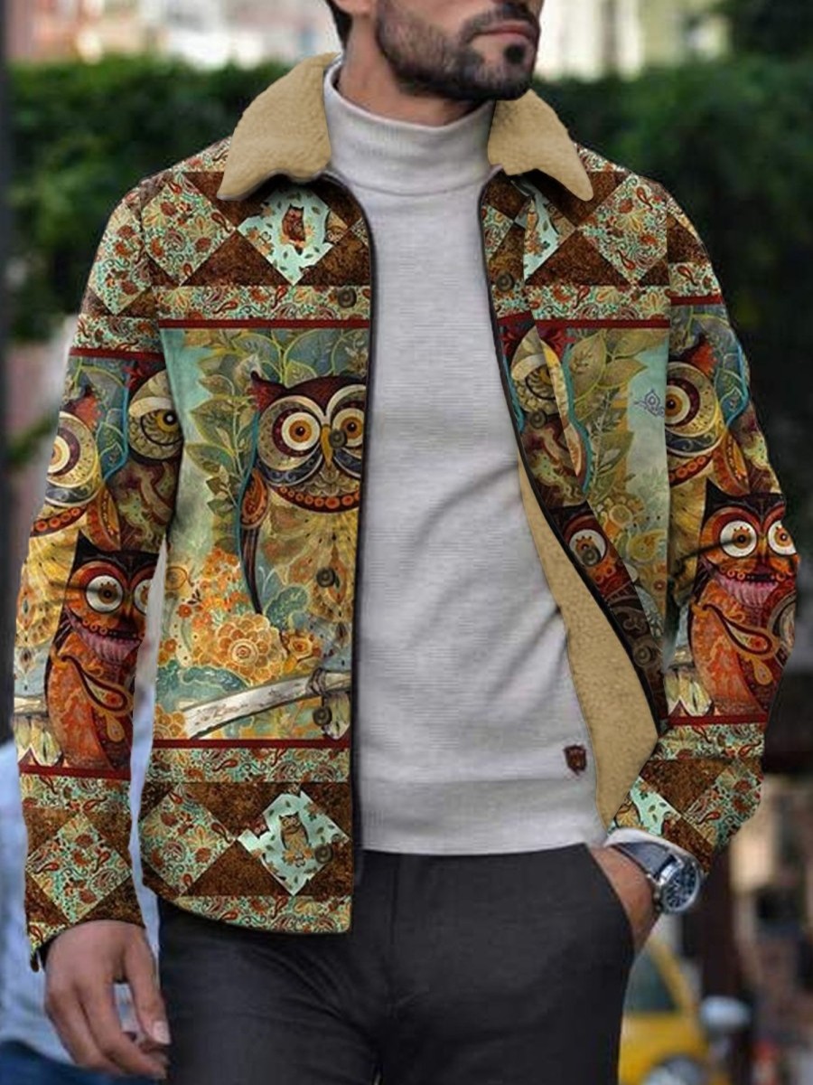 Men DJ Jacket | Vintage Owl Print Velvet Warm Lapel Jacket Photo Color