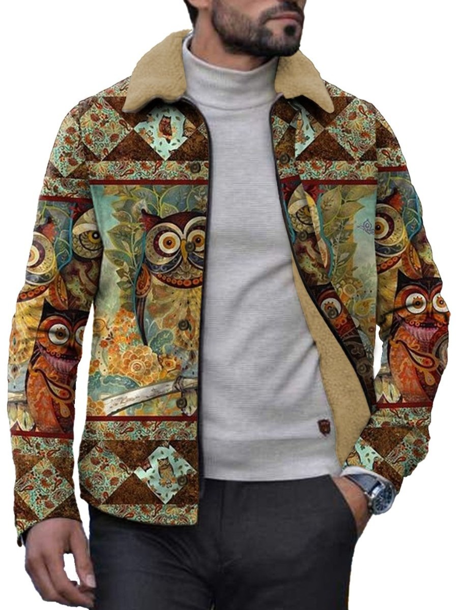 Men DJ Jacket | Vintage Owl Print Velvet Warm Lapel Jacket Photo Color