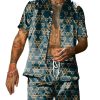 Men BXL Set | Men'S Geometric Print Resort Short Sleeve Shirt Shorts Two Piece Set Dark Green