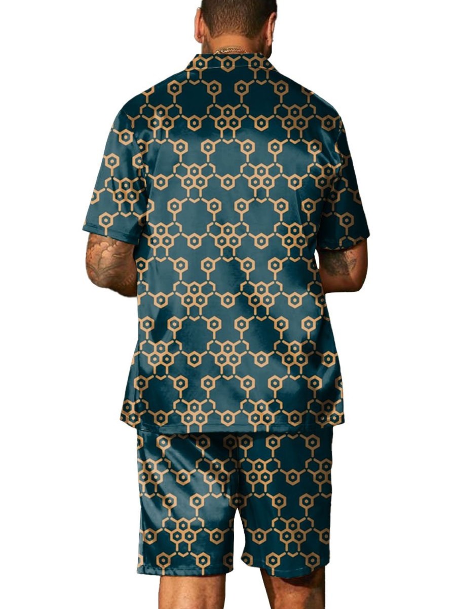 Men BXL Set | Men'S Geometric Print Resort Short Sleeve Shirt Shorts Two Piece Set Dark Green