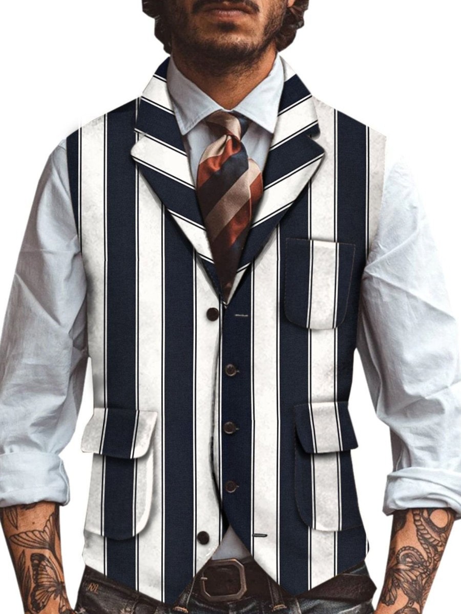 Men QMY Vest | Casual Classic Wide Stripe Printed Vest Photo Color