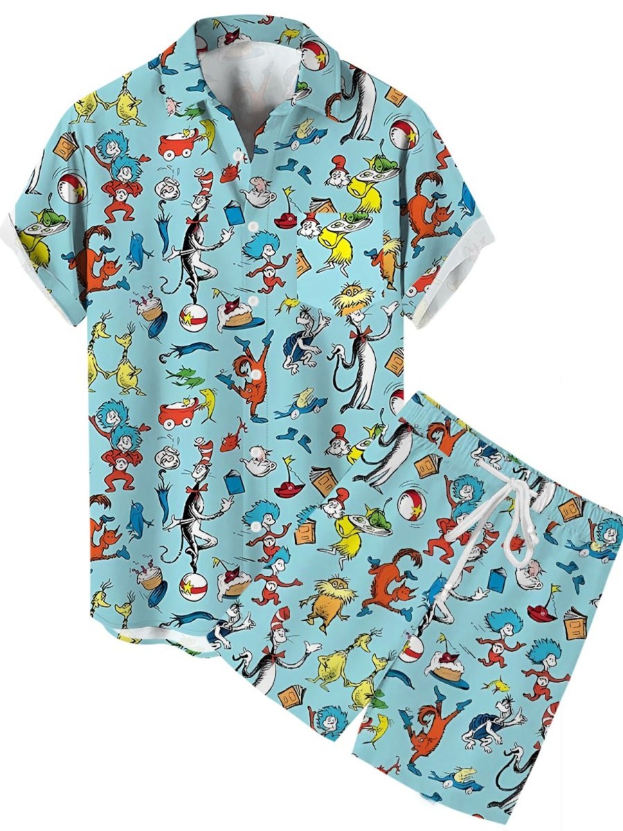 Men GYJ Set | Cartoon Animal Print Short-Sleeved Shirt And Shorts Two-Piece Set Blue