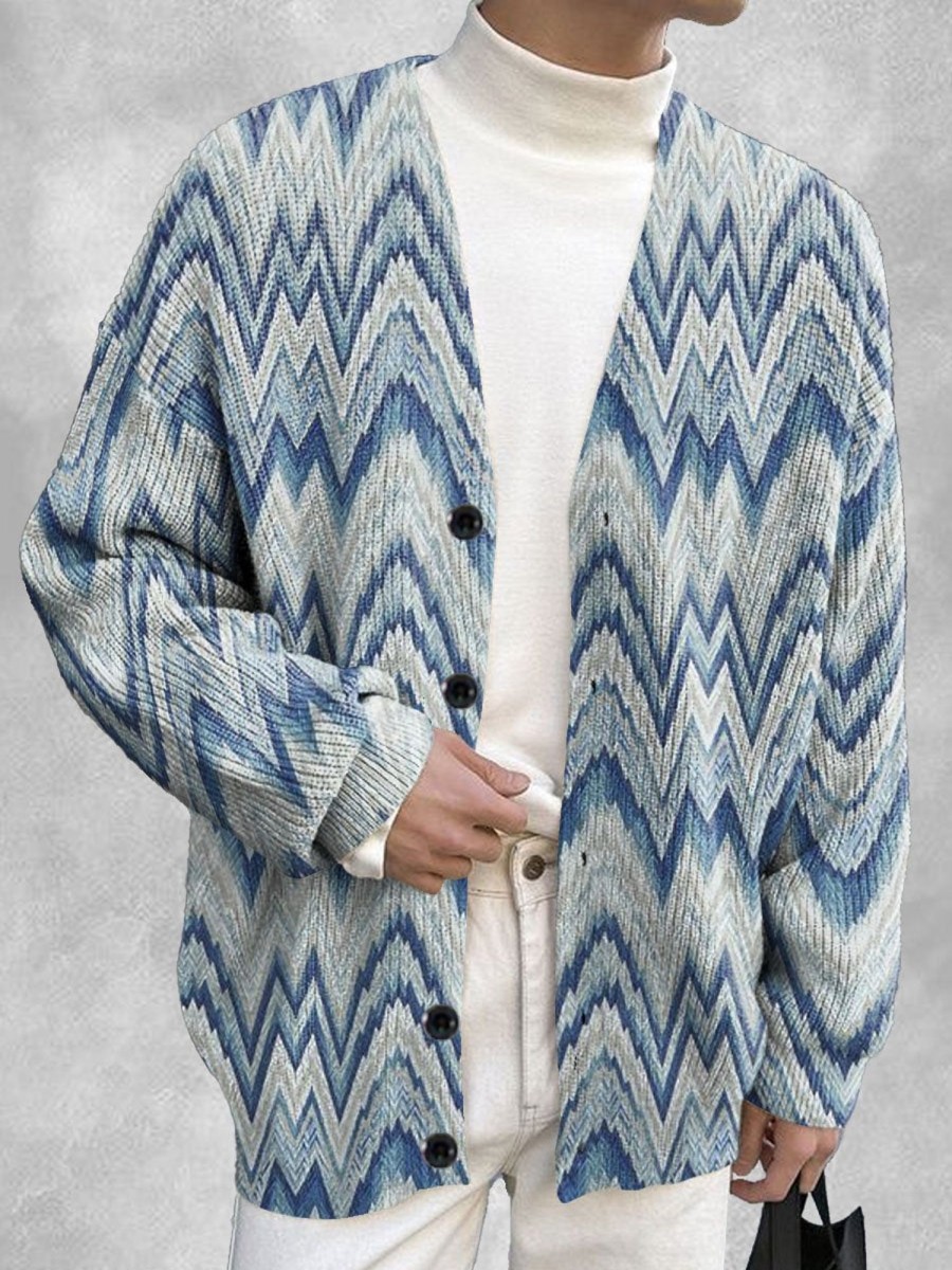 Men DJ Print Cardigan | Tie-Dye Geometric Print V-Neck Knitted Cardigan Blue