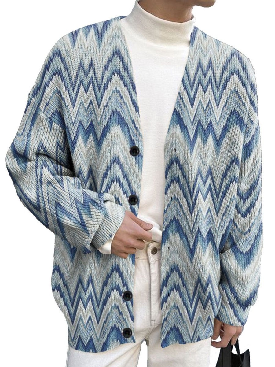 Men DJ Print Cardigan | Tie-Dye Geometric Print V-Neck Knitted Cardigan Blue