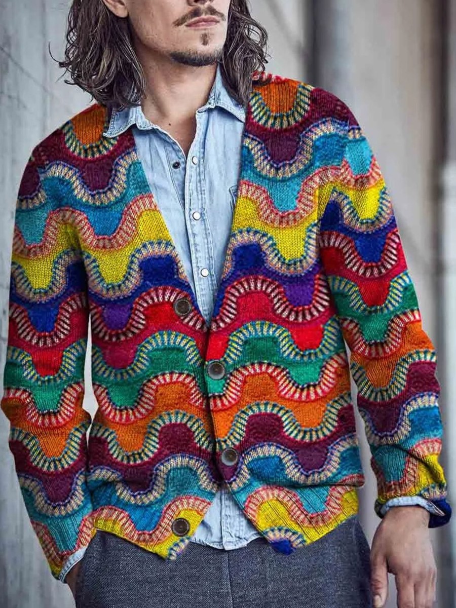 Men DJ Print Cardigan | Men'S Multicolor Art Buttoned Cardigan Sweater Photo Color