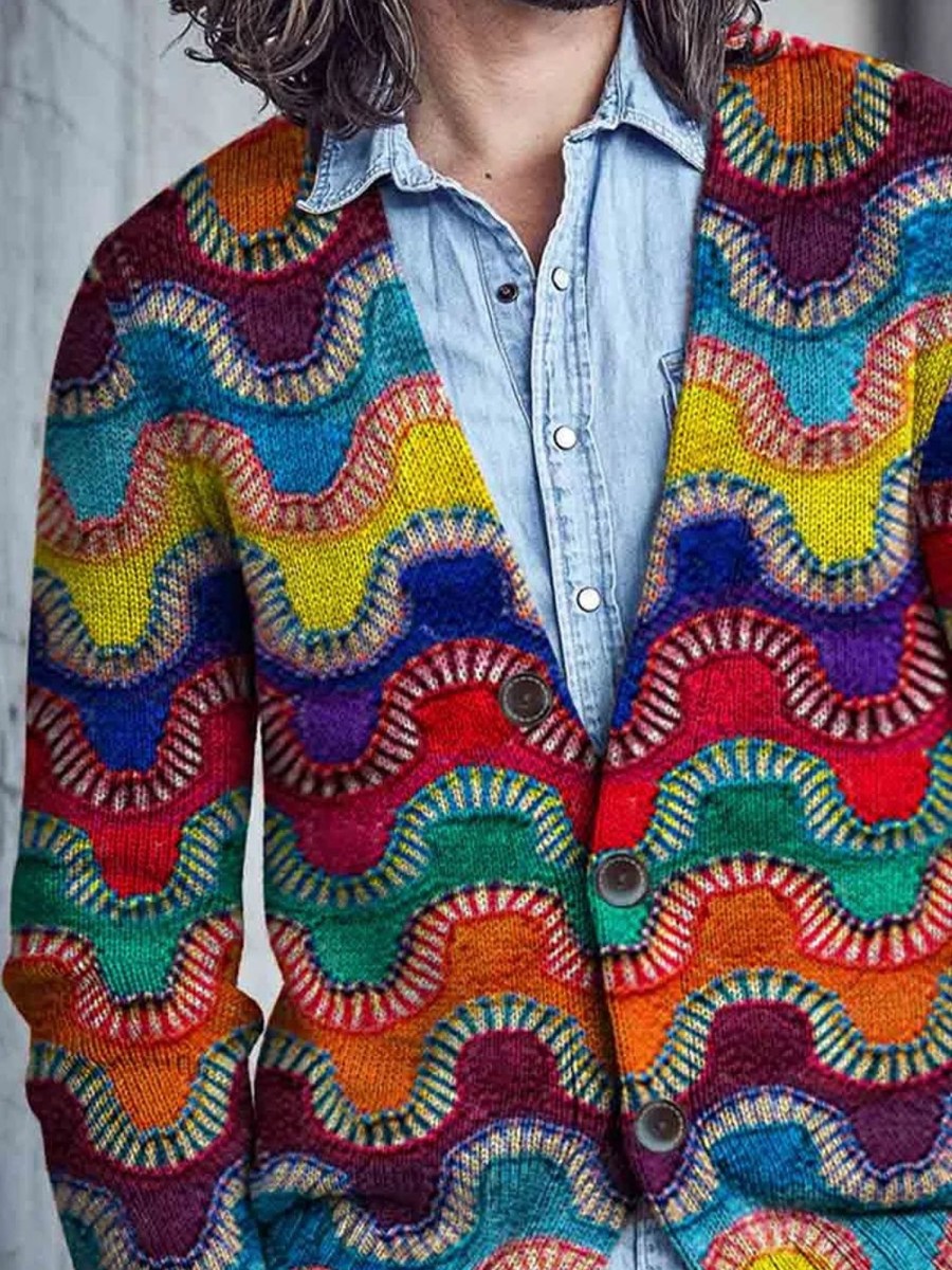 Men DJ Print Cardigan | Men'S Multicolor Art Buttoned Cardigan Sweater Photo Color