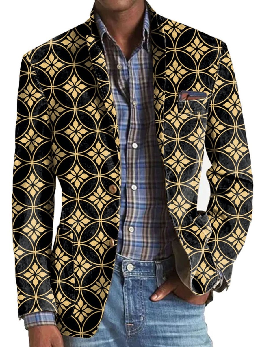 Men DJ Print Jacket | Vintage Printed Lapel Three-Pocket Casual Blazer Photo Color